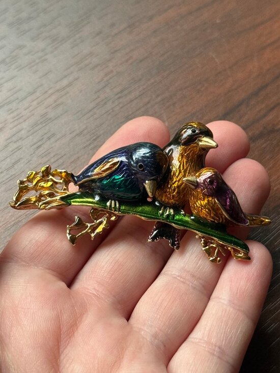 Vintage Jewelry - Vintage Signed Enamel Birds on Branch Brooch